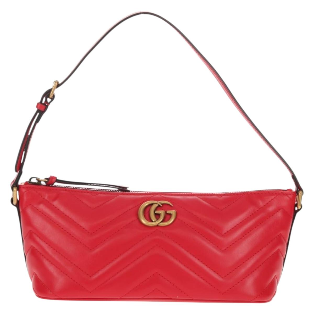 GUCCI GG Marmont Accessory Pouch Leather Red Gold 739166 Auth ka600V