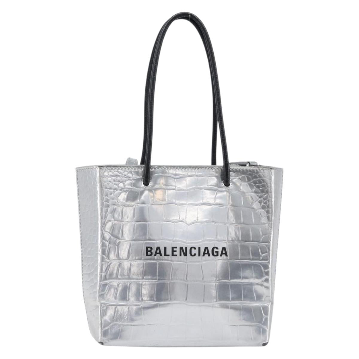 BALENCIAGA Croco Embossed Shopping XXS Leather 2way Silver 597858 Auth ka6015V