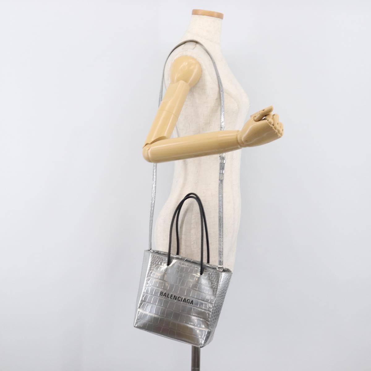 BALENCIAGA Croco Embossed Shopping XXS Leather 2way Silver 597858 Auth ka6015V
