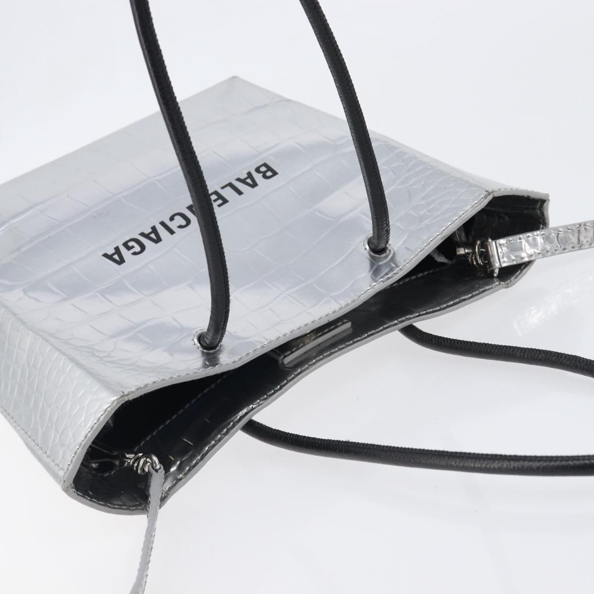 BALENCIAGA Croco Embossed Shopping XXS Leather 2way Silver 597858 Auth ka6015V