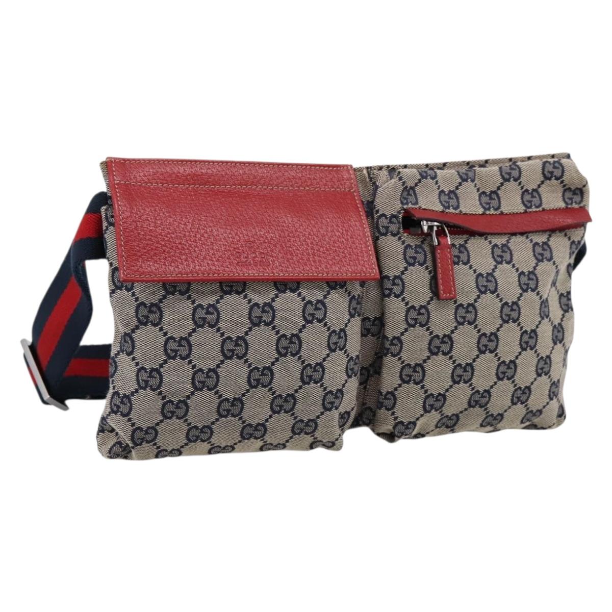 GUCCI GG Canvas Sherry Line Waist Bag Navy Silver 28566 Auth ka6019V