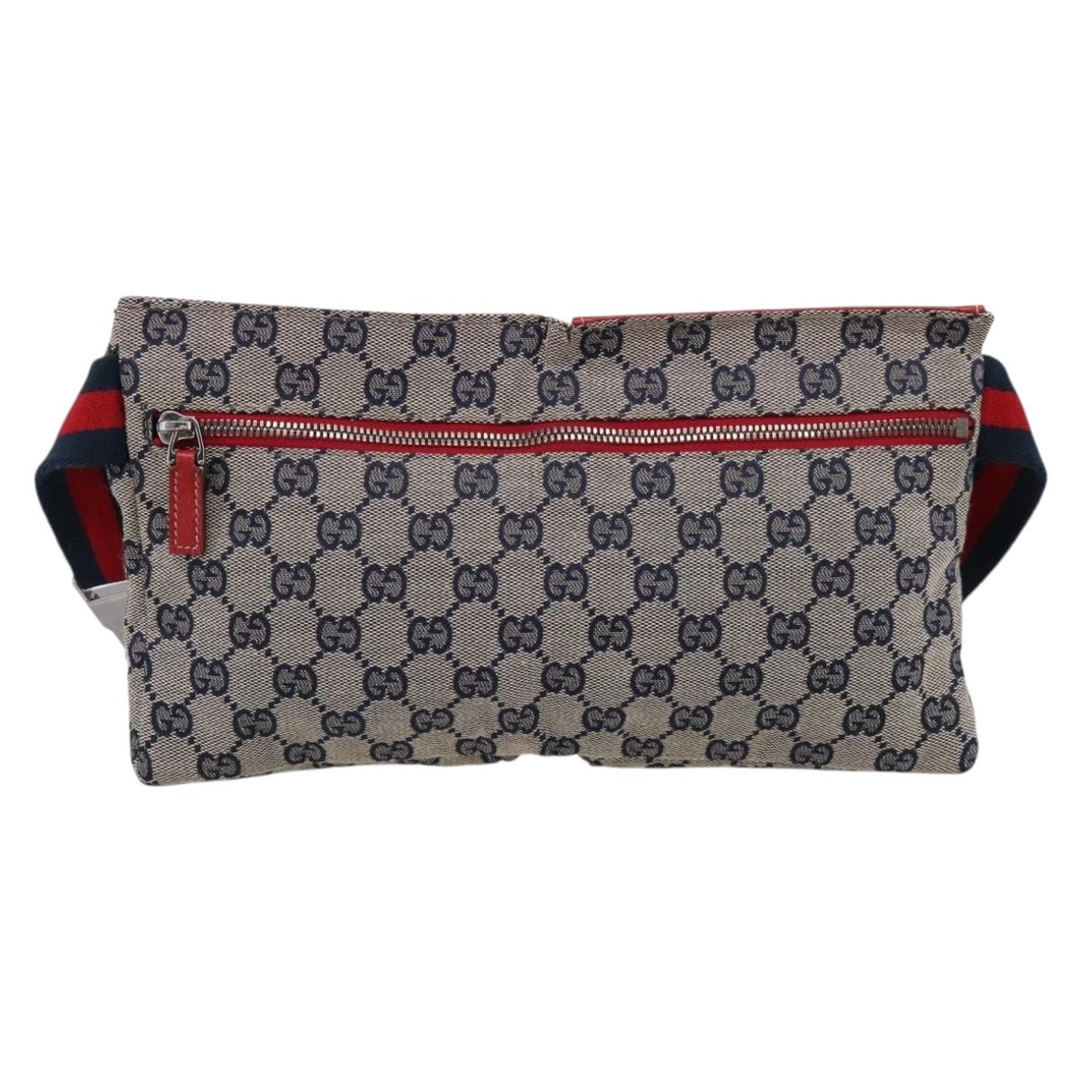GUCCI GG Canvas Sherry Line Waist Bag Navy Silver 28566 Auth ka6019V