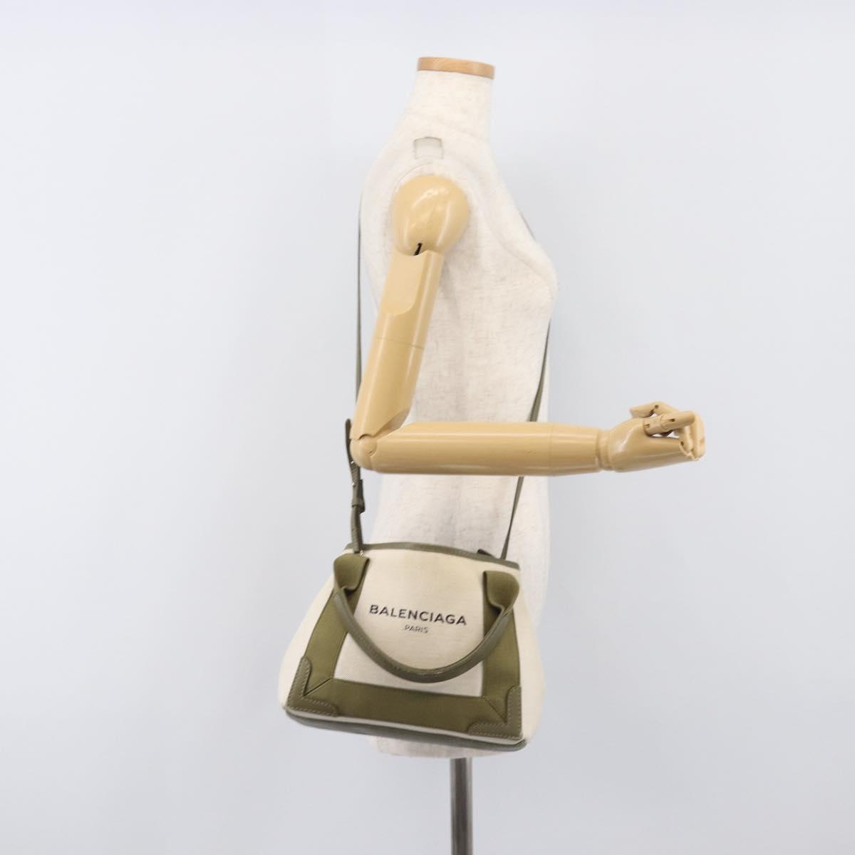 BALENCIAGA Navy Cabas XS Hand Bag Leather 2way White Silver 390346 Auth ka6043A