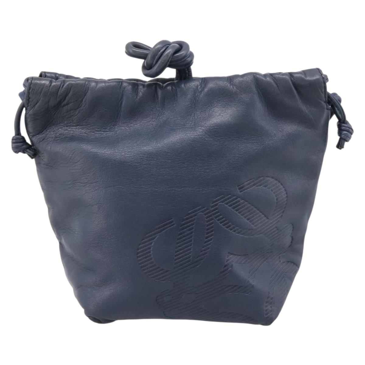 LOEWE Anagram Shoulder Bag Leather Navy Gold Auth ka6044A