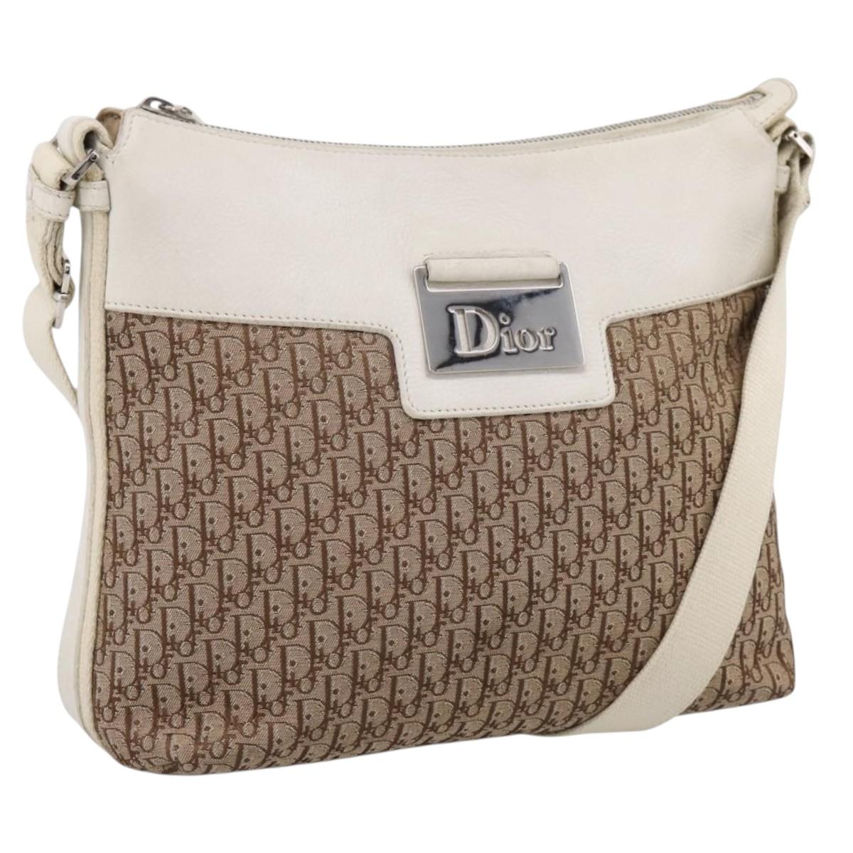 Christian Dior Trotter Canvas Shoulder Bag Beige Silver Auth ka6062A