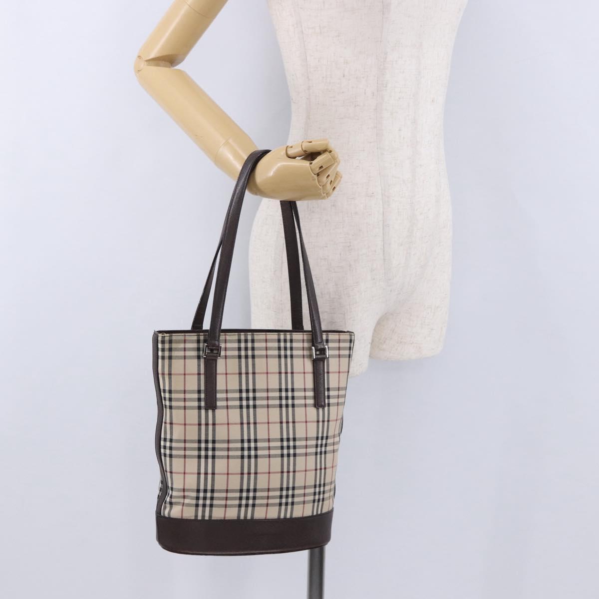 BURBERRY Nova Check Tote Bag Canvas Beige Silver Auth ka6063