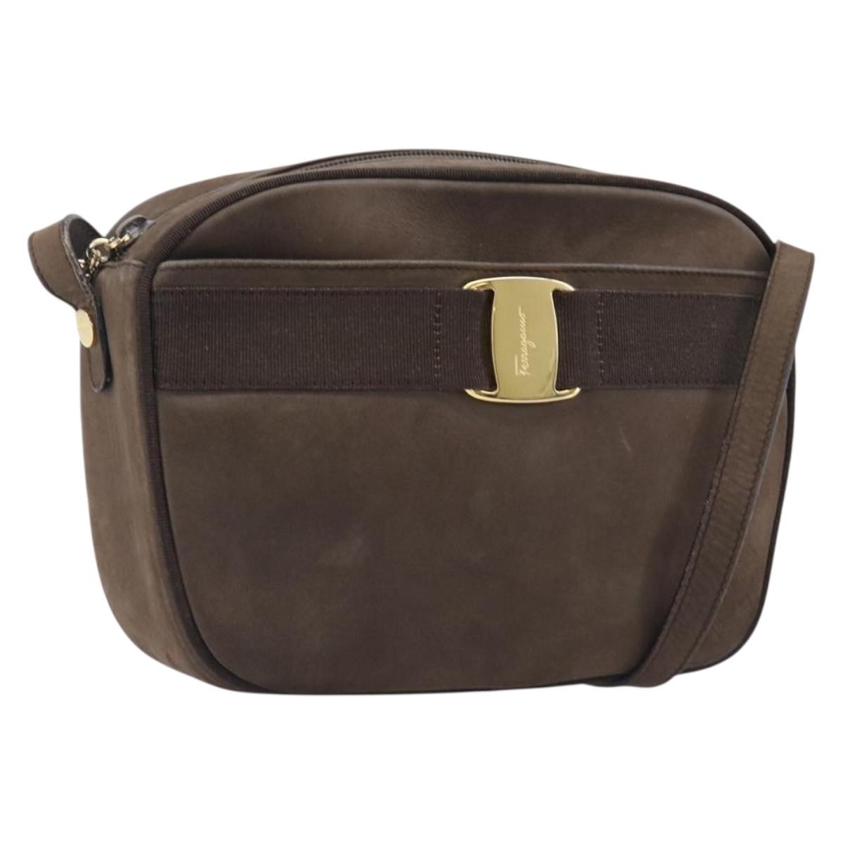 Salvatore Ferragamo Vala Shoulder Bag Suede Brown Gold Tone Auth ka6067