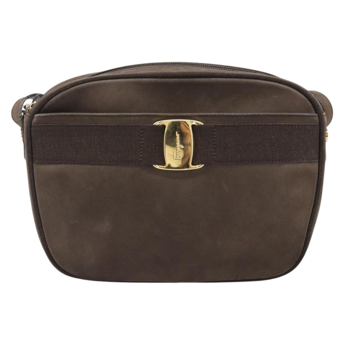 Salvatore Ferragamo Vala Shoulder Bag Suede Brown Gold Tone Auth ka6067