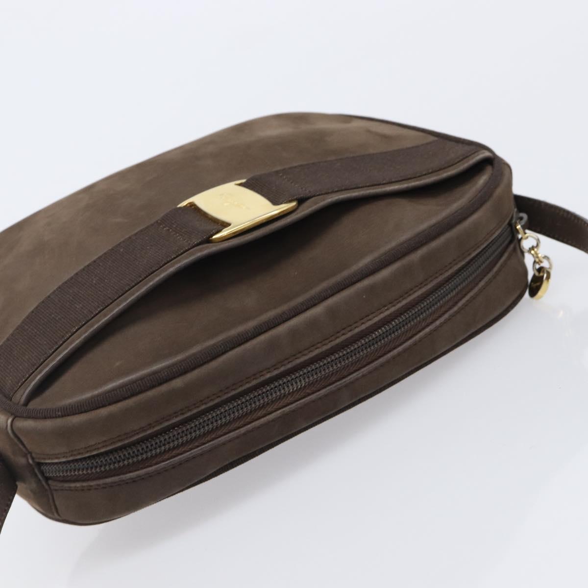 Salvatore Ferragamo Vala Shoulder Bag Suede Brown Gold Tone Auth ka6067