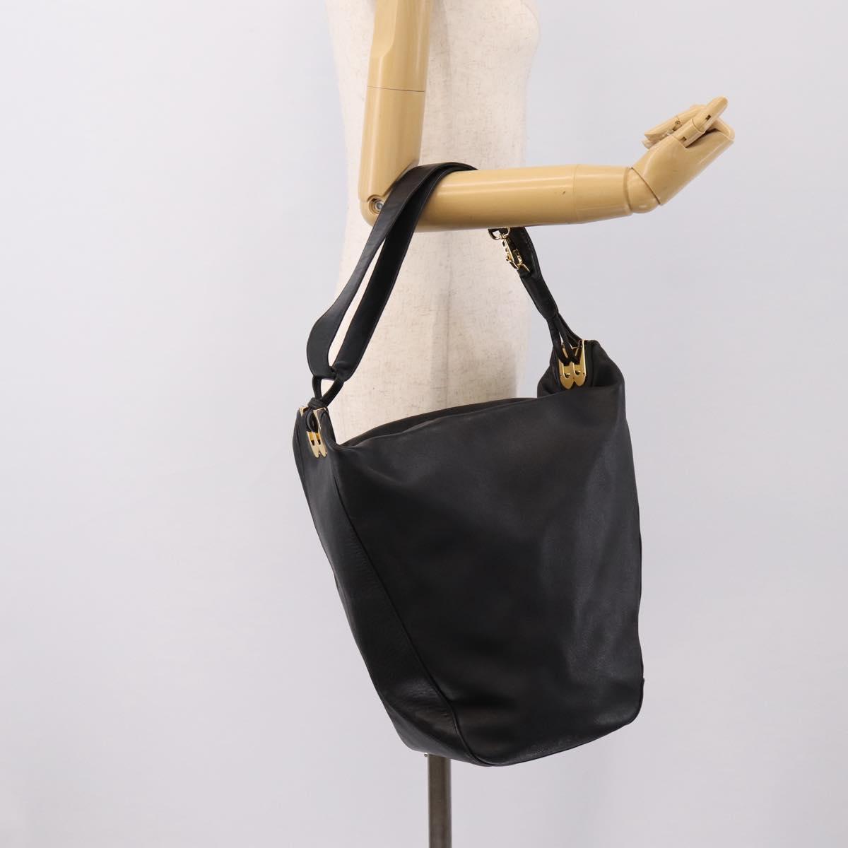 BALLY Shoulder Bag Leather Black Gold Tone Auth ka6077A