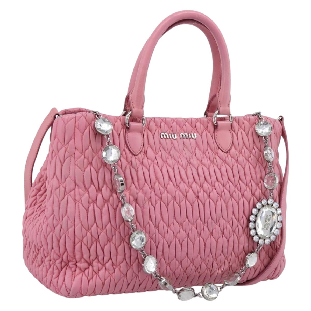Miu Miu Matelasse Hand Bag Leather Pink Silver Auth ka6078A