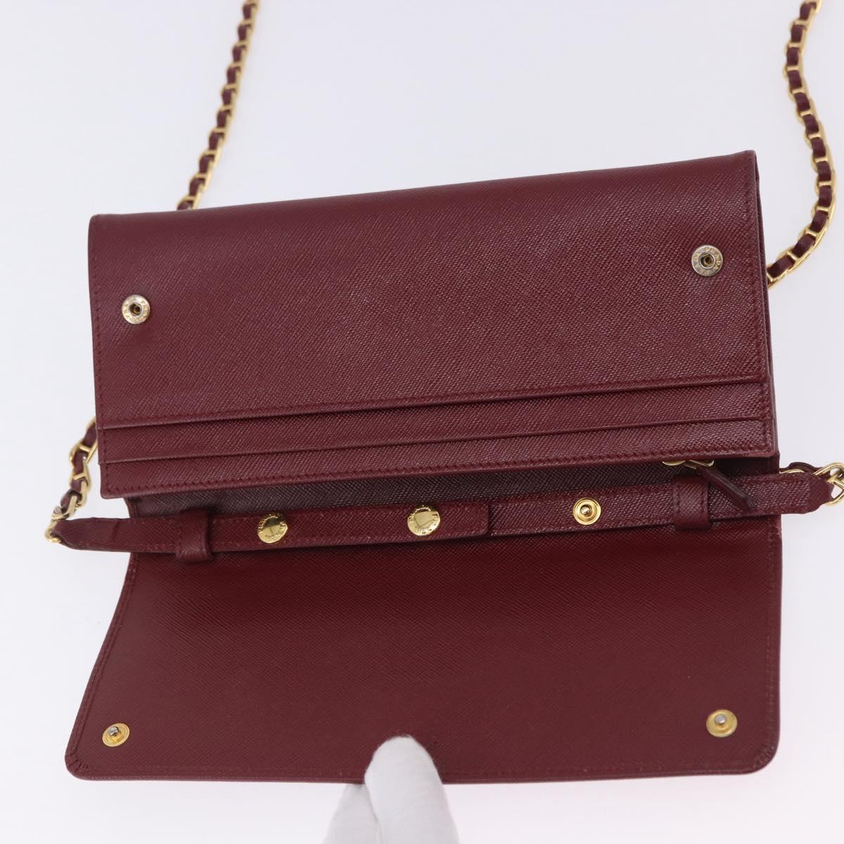 PRADA Chain Shoulder Wallet Saffiano Red Gold Tone Auth ka6091