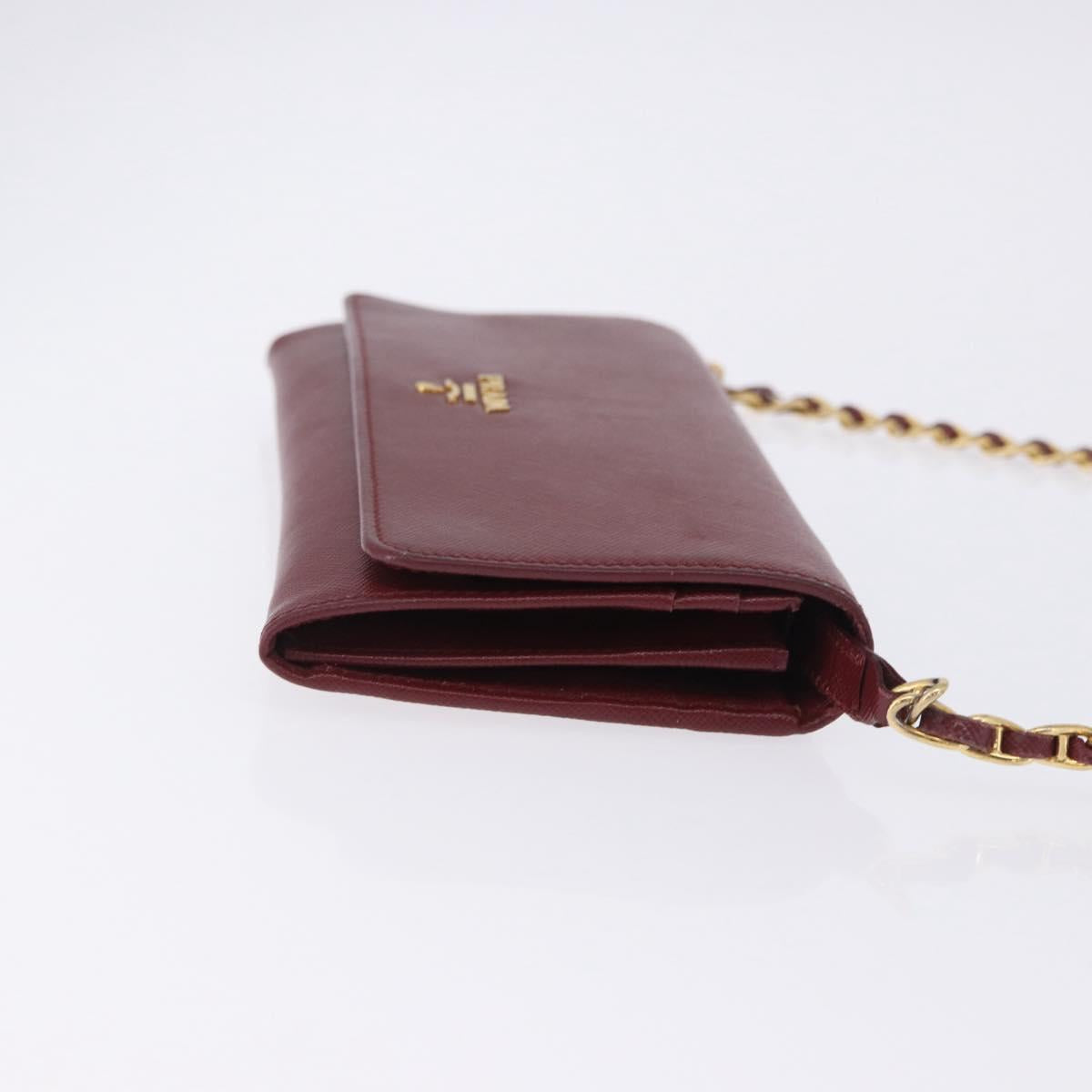 PRADA Chain Shoulder Wallet Saffiano Red Gold Tone Auth ka6091