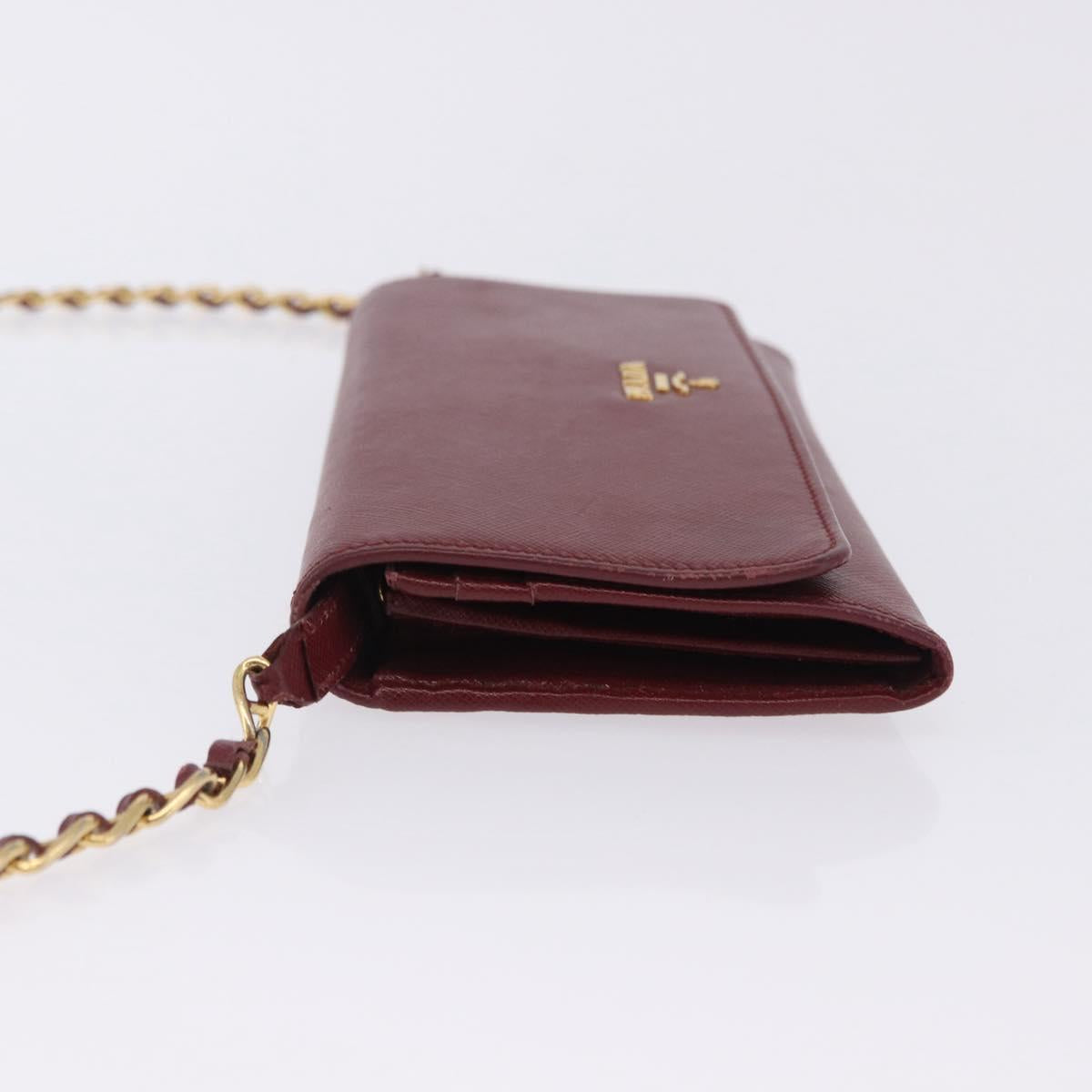 PRADA Chain Shoulder Wallet Saffiano Red Gold Tone Auth ka6091