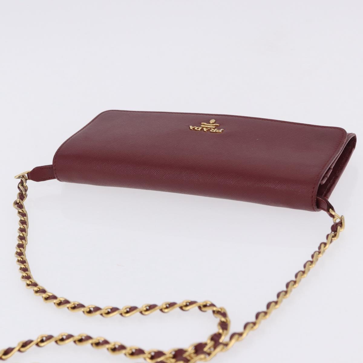 PRADA Chain Shoulder Wallet Saffiano Red Gold Tone Auth ka6091