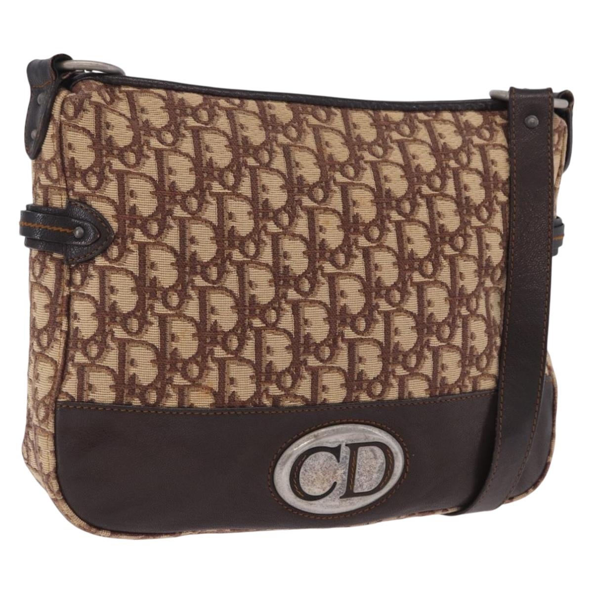 Christian Dior Trotter Canvas Shoulder Bag Beige Silver Auth ka6123A