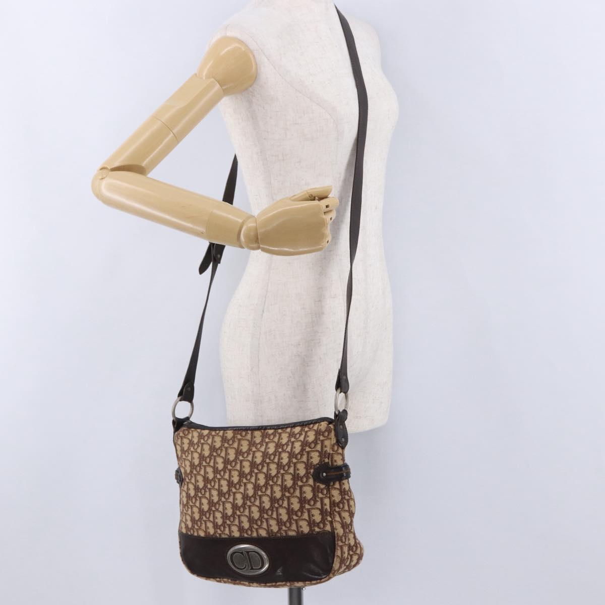 Christian Dior Trotter Canvas Shoulder Bag Beige Silver Auth ka6123A