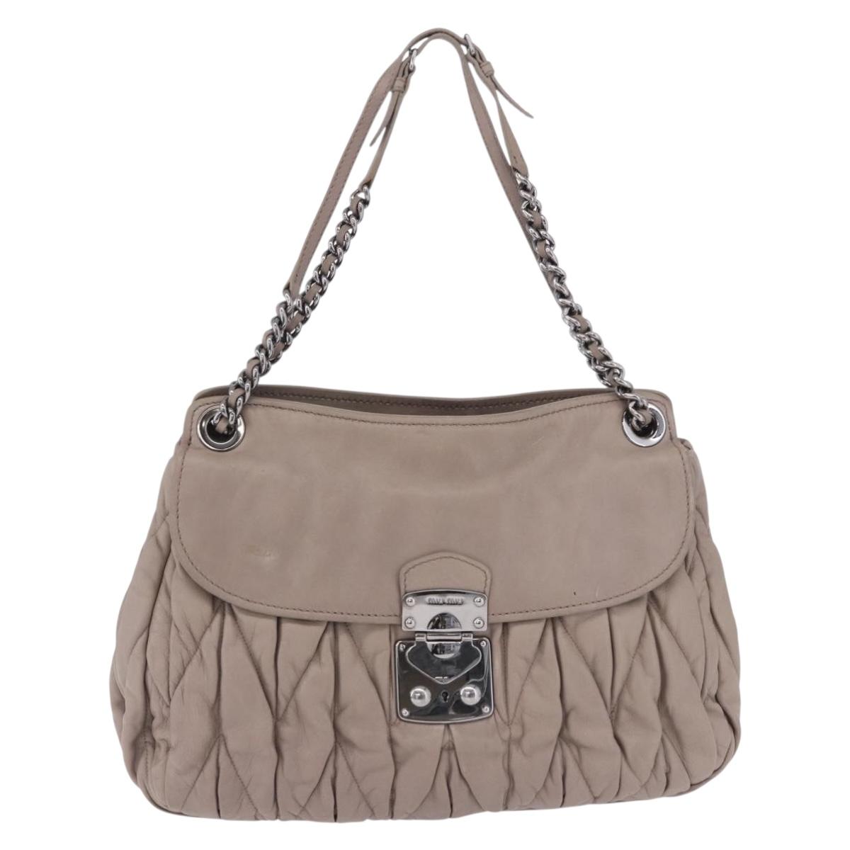 Miu Miu Matelasse Chain Shoulder Bag Leather Beige Silver Auth ka6124M