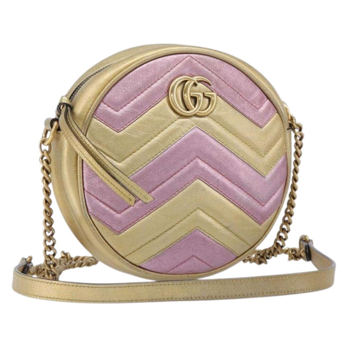 GUCCI GG Marmont Chain Shoulder Bag Leather Gold Pink 550154 Auth ka6138A