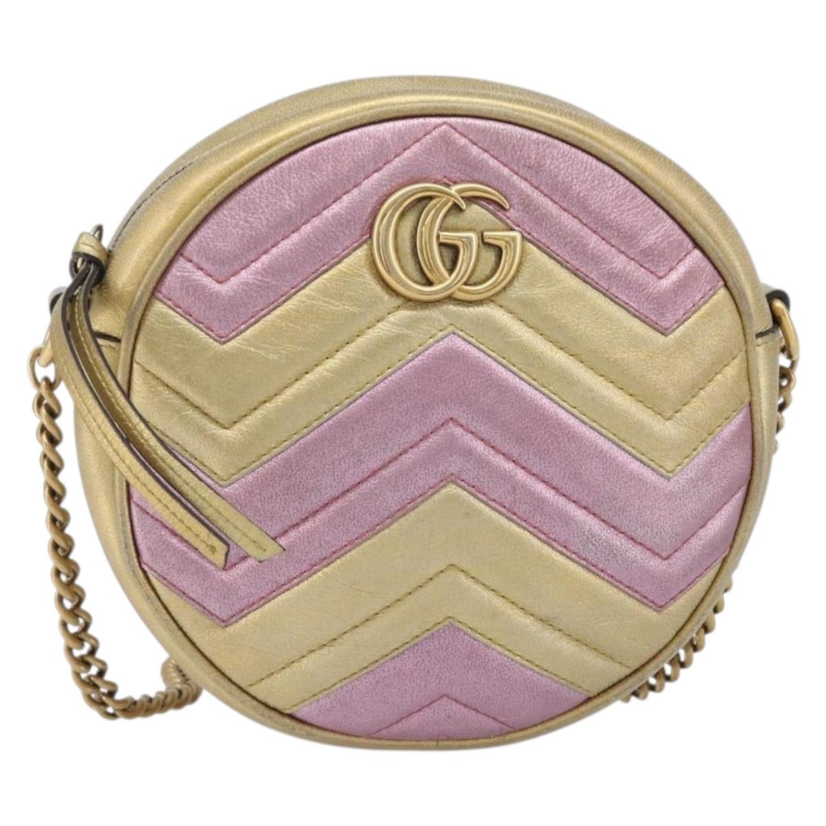 GUCCI GG Marmont Chain Shoulder Bag Leather Gold Pink 550154 Auth ka6138A