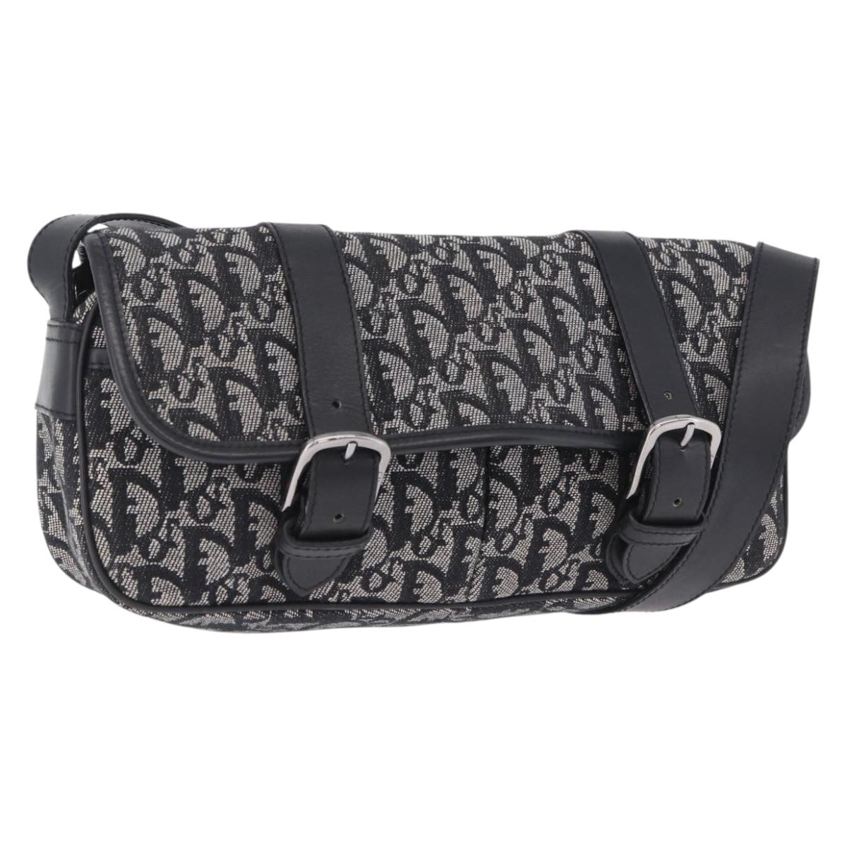 Christian Dior Trotter Canvas Shoulder Bag Black Silver Auth ka6139V