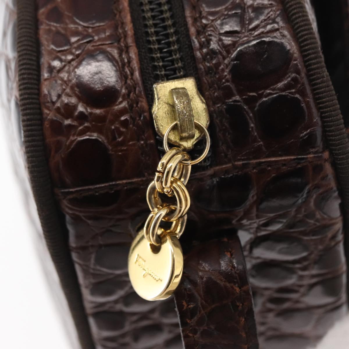 Salvatore Ferragamo Vala Shoulder Bag Embossed Leather Brown Gold Auth ka614