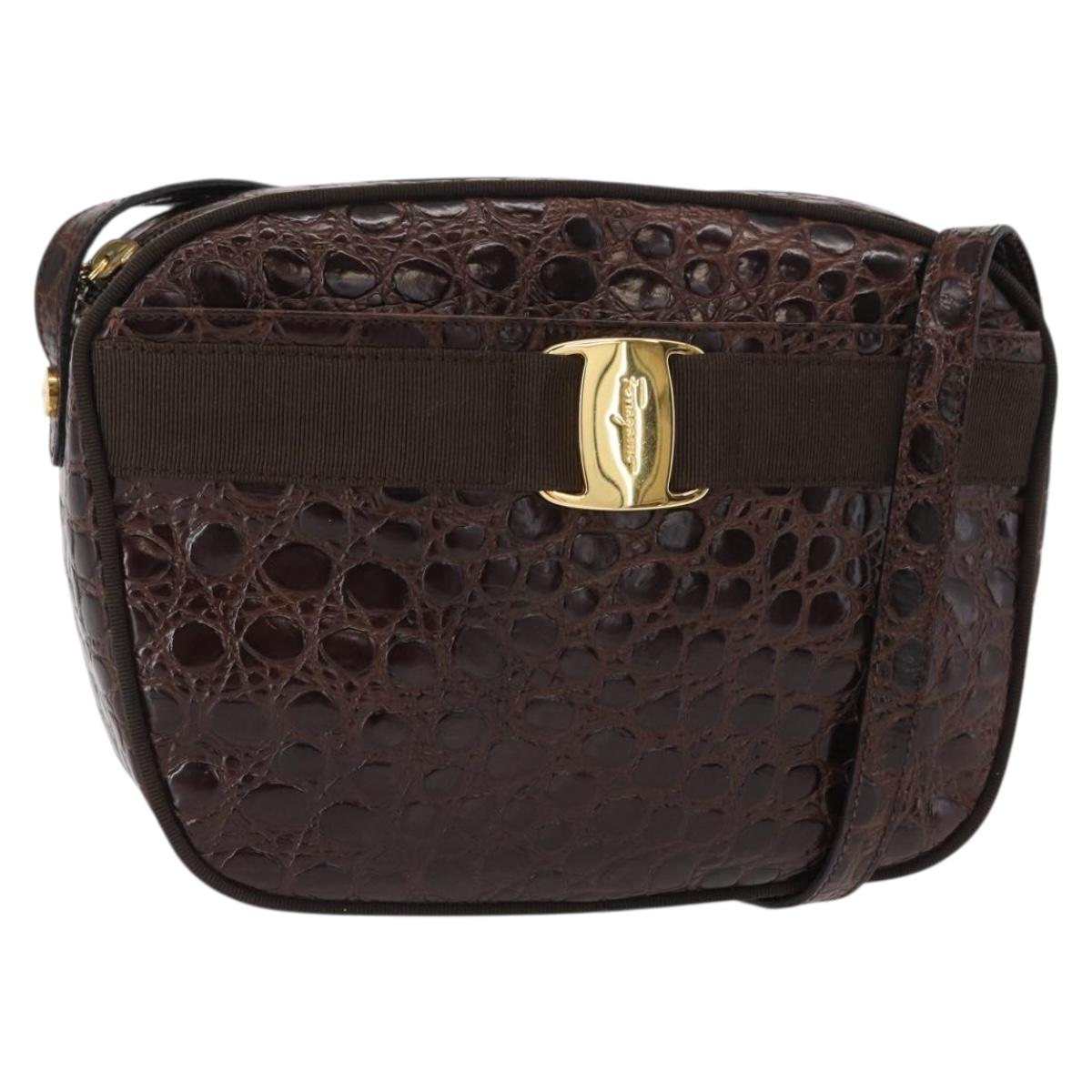 Salvatore Ferragamo Vala Shoulder Bag Embossed Leather Brown Gold Auth ka614