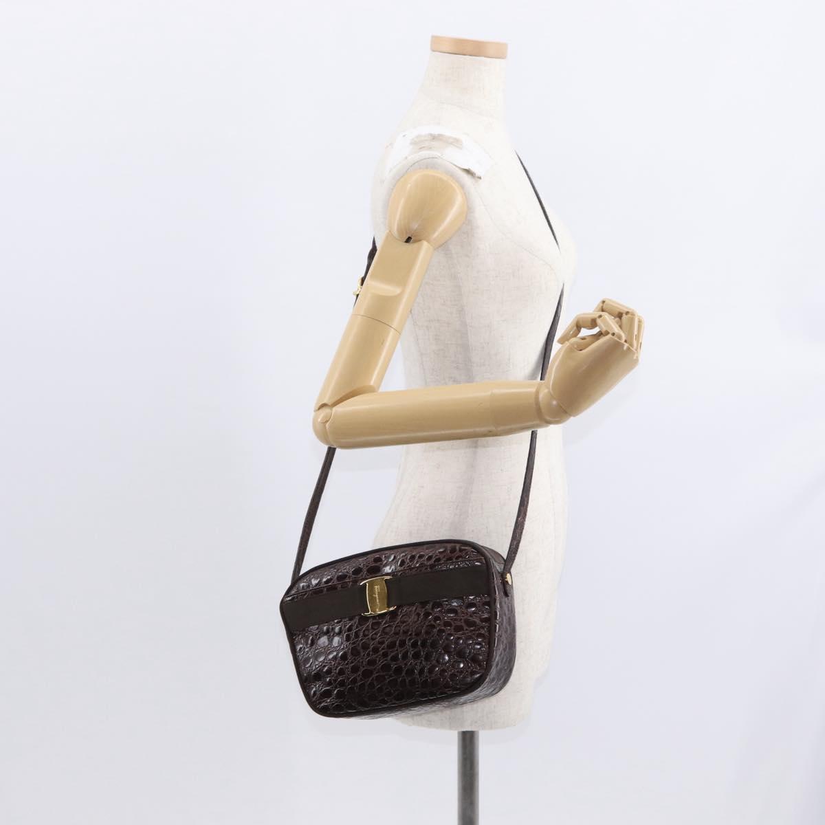 Salvatore Ferragamo Vala Shoulder Bag Embossed Leather Brown Gold Auth ka614