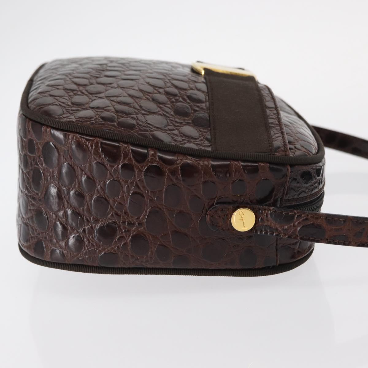 Salvatore Ferragamo Vala Shoulder Bag Embossed Leather Brown Gold Auth ka614