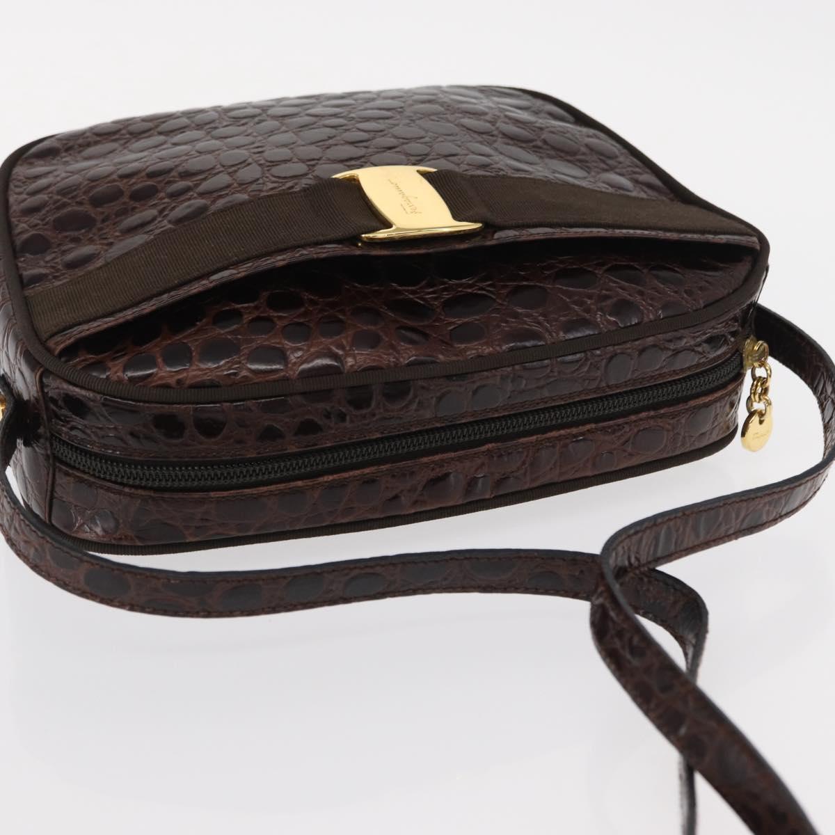 Salvatore Ferragamo Vala Shoulder Bag Embossed Leather Brown Gold Auth ka614