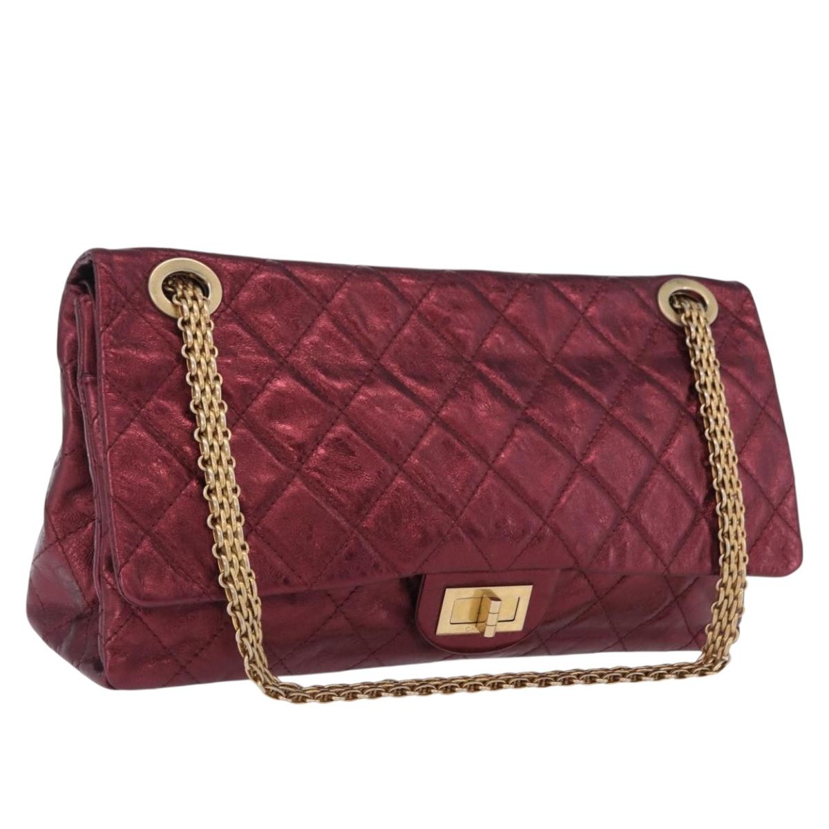 CHANEL 2.55 Matelasse Chain Shoulder Bag Lamb Skin Red Gold CC Auth ka6142SAV
