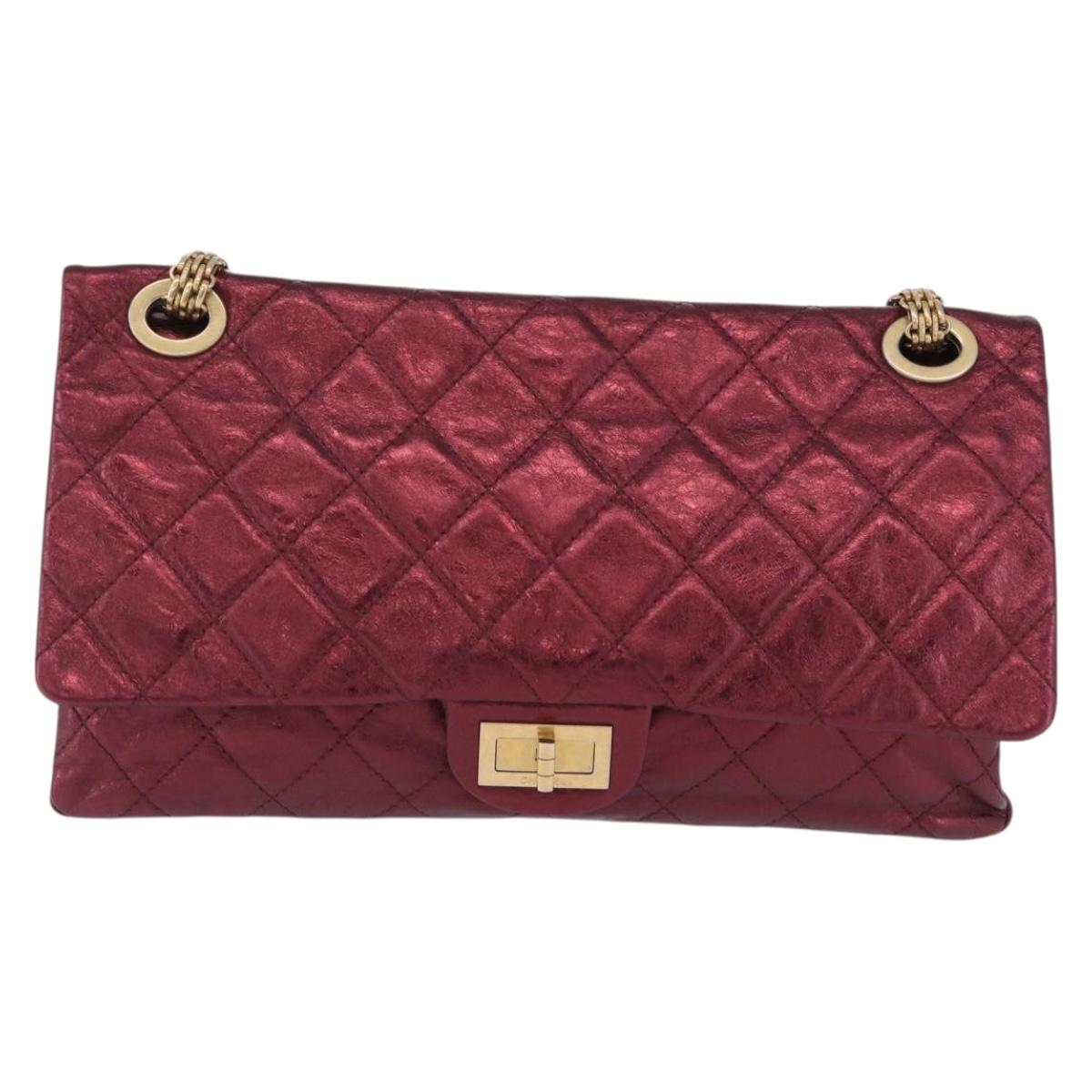 CHANEL 2.55 Matelasse Chain Shoulder Bag Lamb Skin Red Gold CC Auth ka6142SAV
