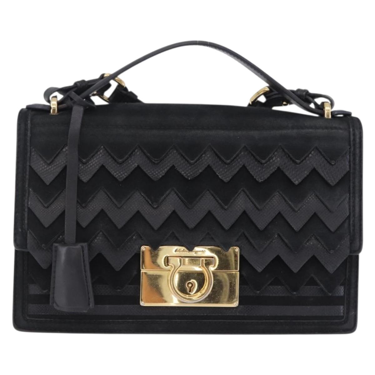 Salvatore Ferragamo Gancini Hand Bag Suede 2way Black Gold Tone Auth ka6147