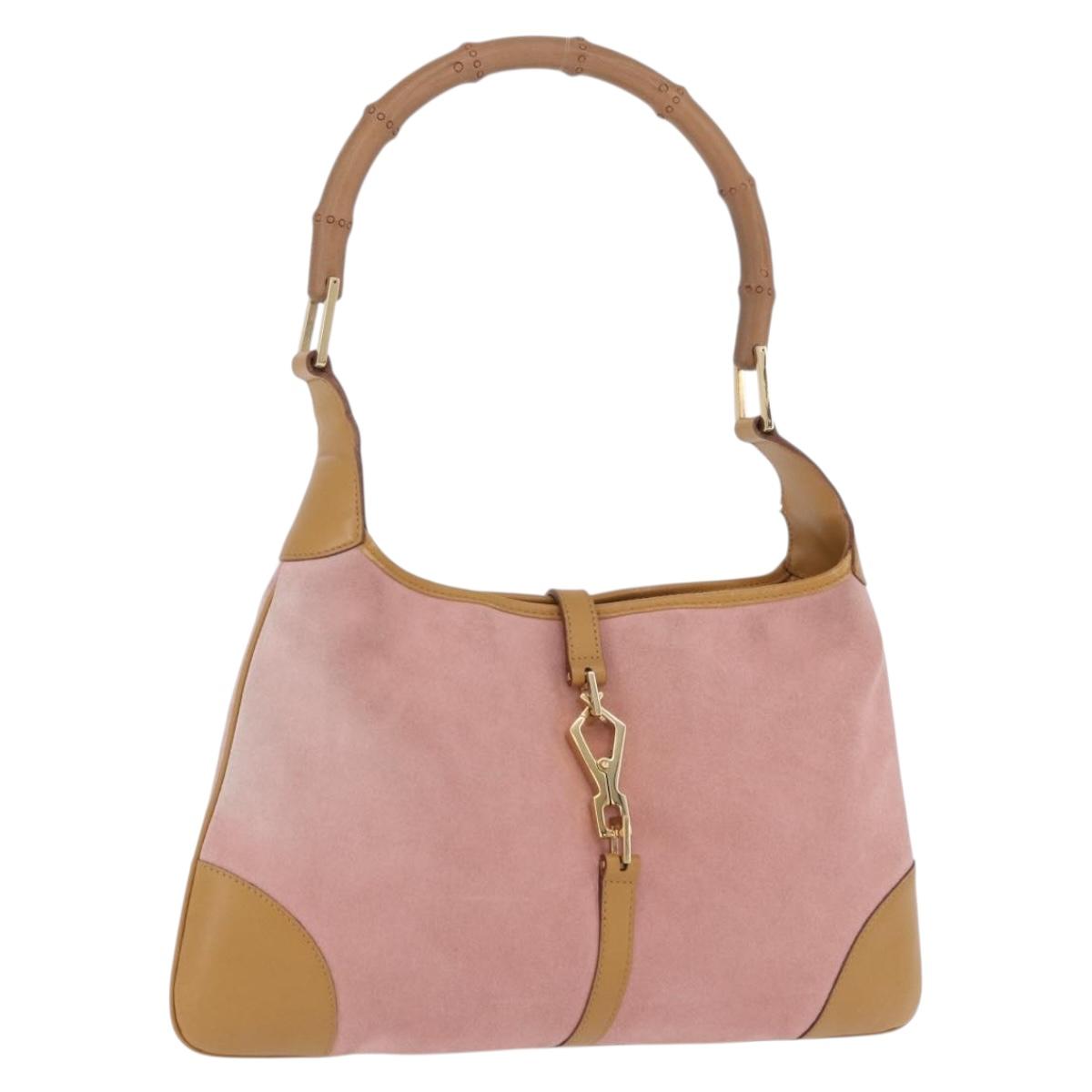 GUCCI Jackie Bamboo Hand Bag Suede Pink Gold Tone 001 4060 Auth ka6156
