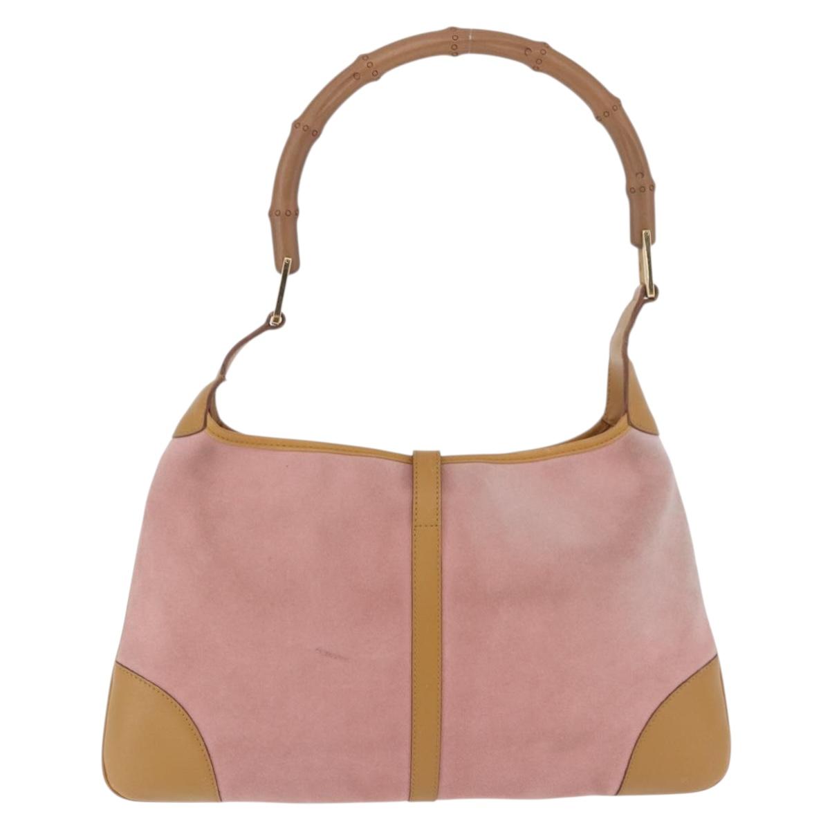 GUCCI Jackie Bamboo Hand Bag Suede Pink Gold Tone 001 4060 Auth ka6156
