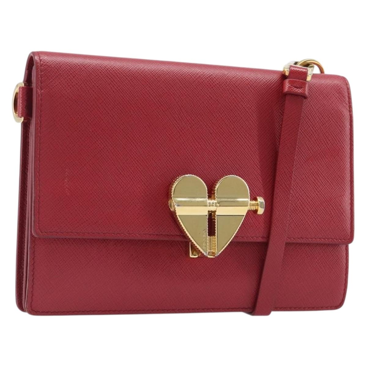 PRADA Shoulder Bag Saffiano Red Gold Tone Auth ka6160
