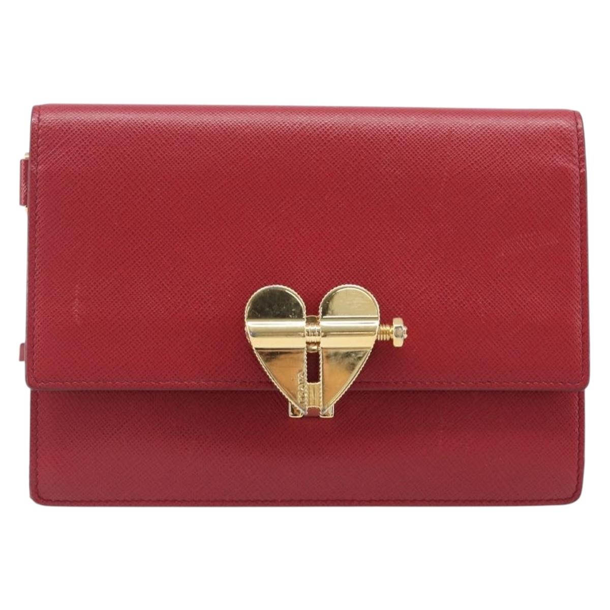 PRADA Shoulder Bag Saffiano Red Gold Tone Auth ka6160