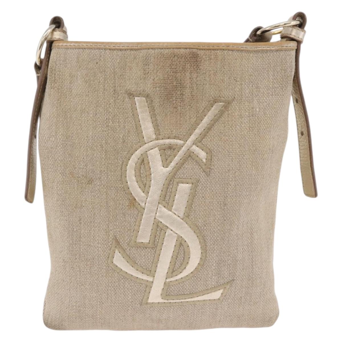 SAINT LAURENT Shoulder Bag Canvas Beige Gold Tone Auth ka6165
