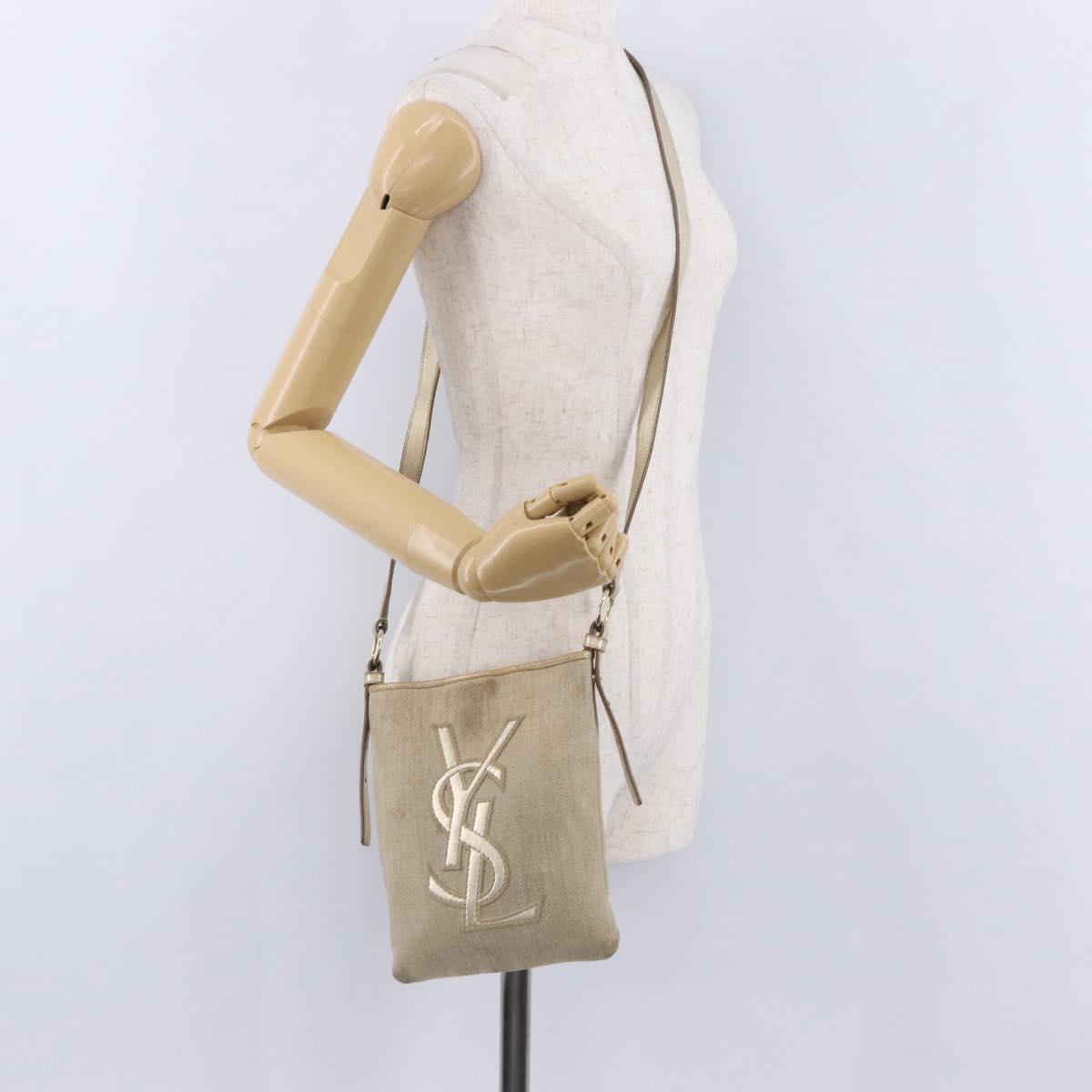 SAINT LAURENT Shoulder Bag Canvas Beige Gold Tone Auth ka6165