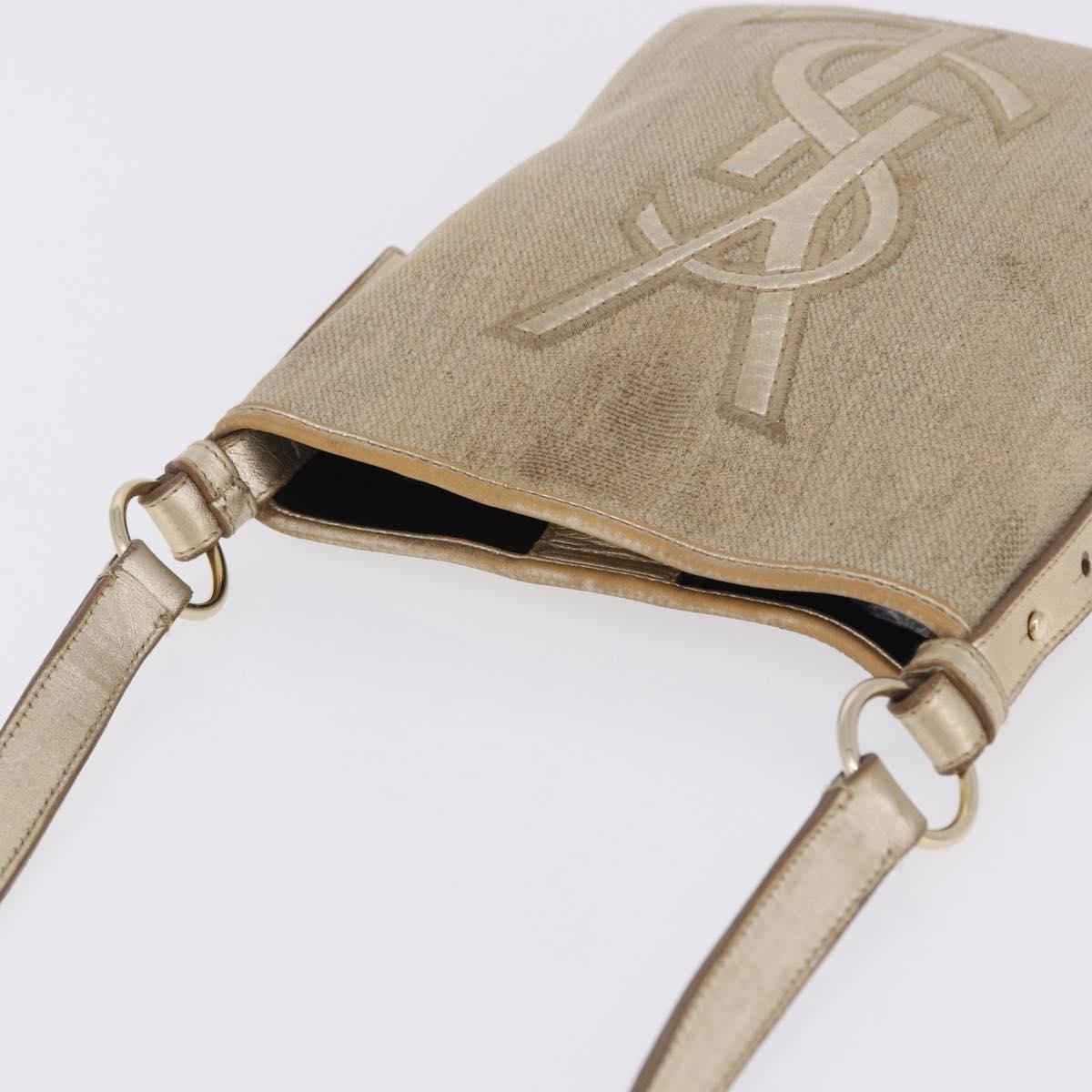 SAINT LAURENT Shoulder Bag Canvas Beige Gold Tone Auth ka6165