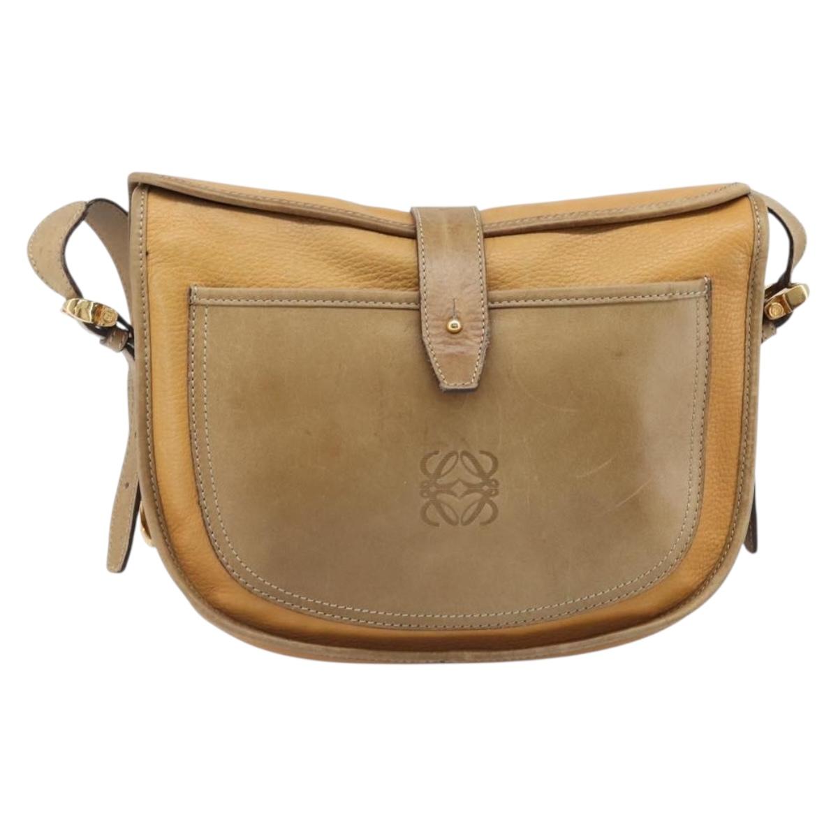 LOEWE Shoulder Bag Leather Beige Gold Tone Auth ka6169