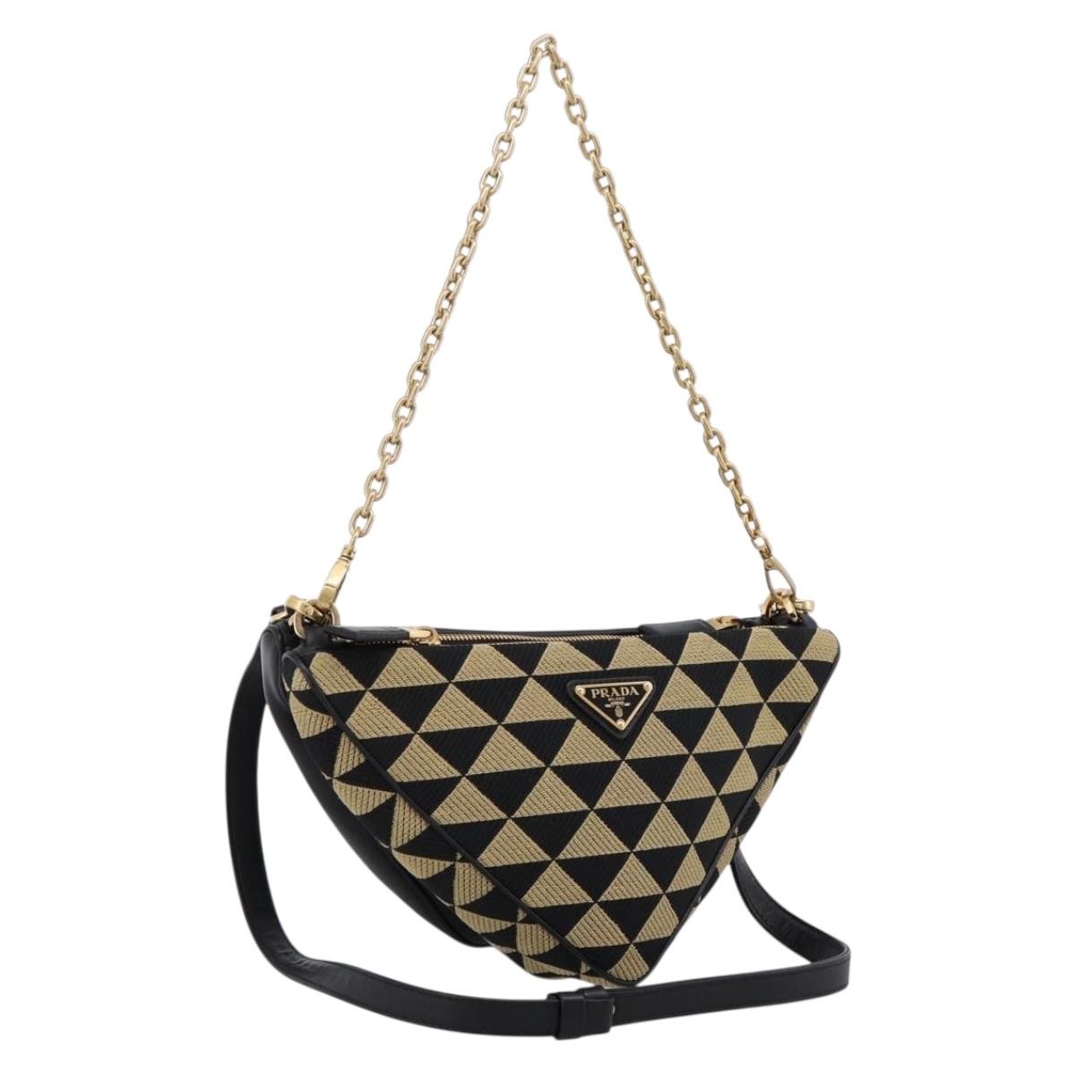PRADA Triangle Hand Bag Canvas Leather 2way Beige Black 1BC176 Auth ka6170M