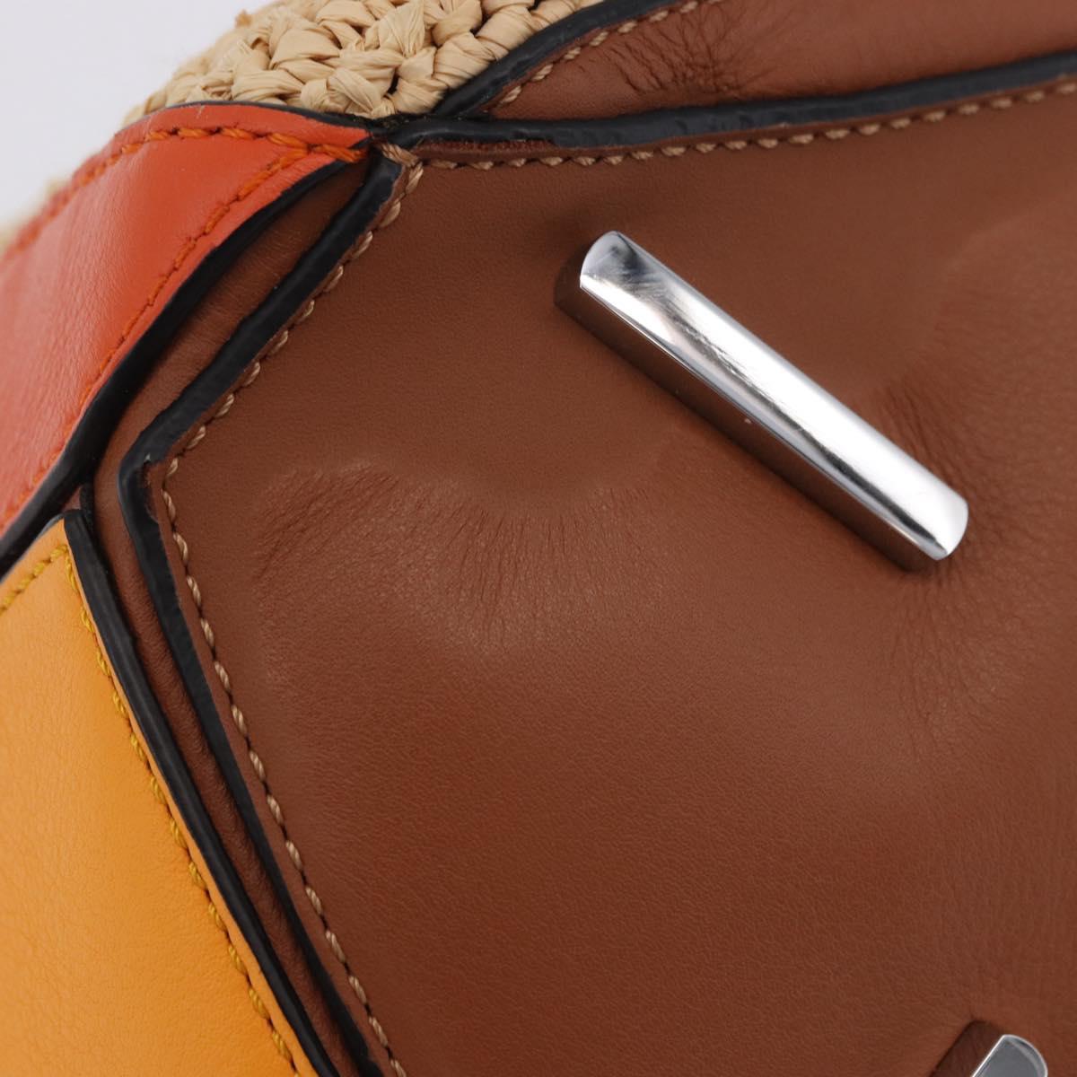 LOEWE Puzzle Bag Hand Bag Raffia Leather 2way Beige Silver Auth ka6171M