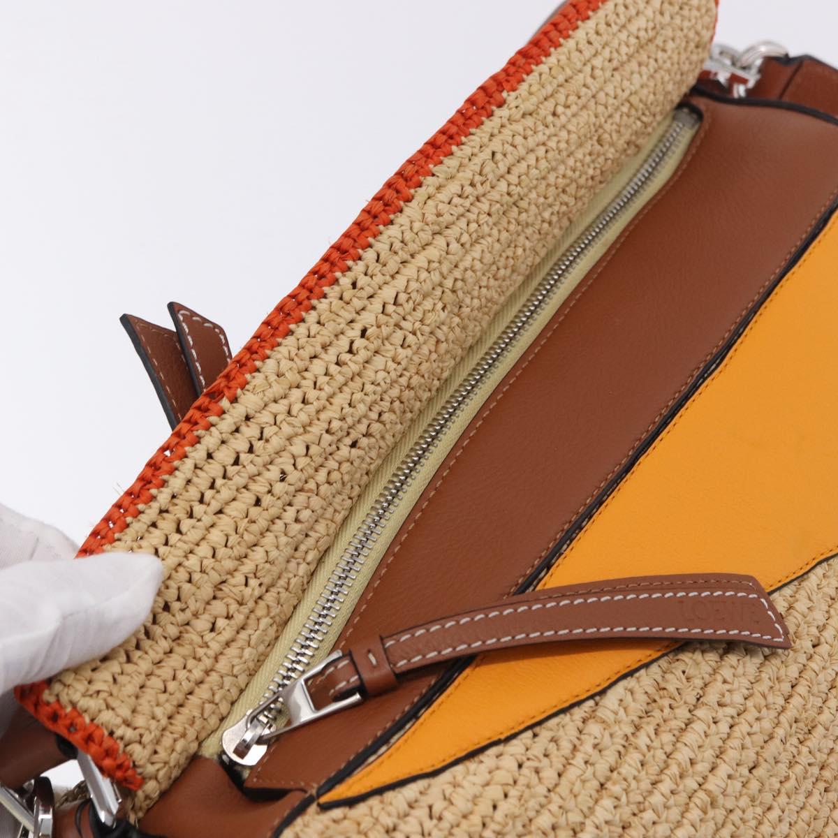 LOEWE Puzzle Bag Hand Bag Raffia Leather 2way Beige Silver Auth ka6171M
