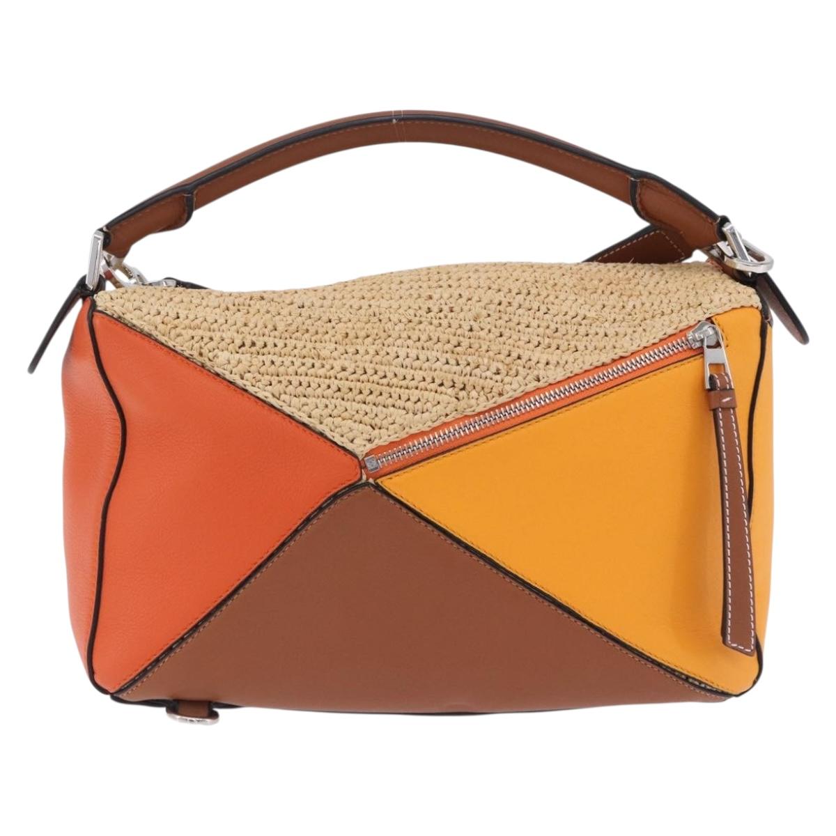 LOEWE Puzzle Bag Hand Bag Raffia Leather 2way Beige Silver Auth ka6171M