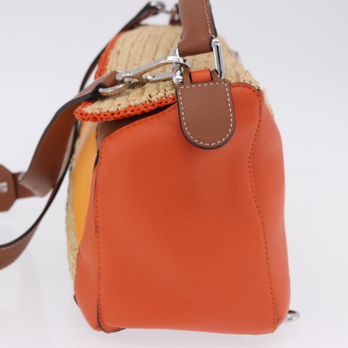 LOEWE Puzzle Bag Hand Bag Raffia Leather 2way Beige Silver Auth ka6171M