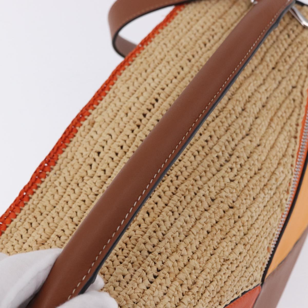 LOEWE Puzzle Bag Hand Bag Raffia Leather 2way Beige Silver Auth ka6171M