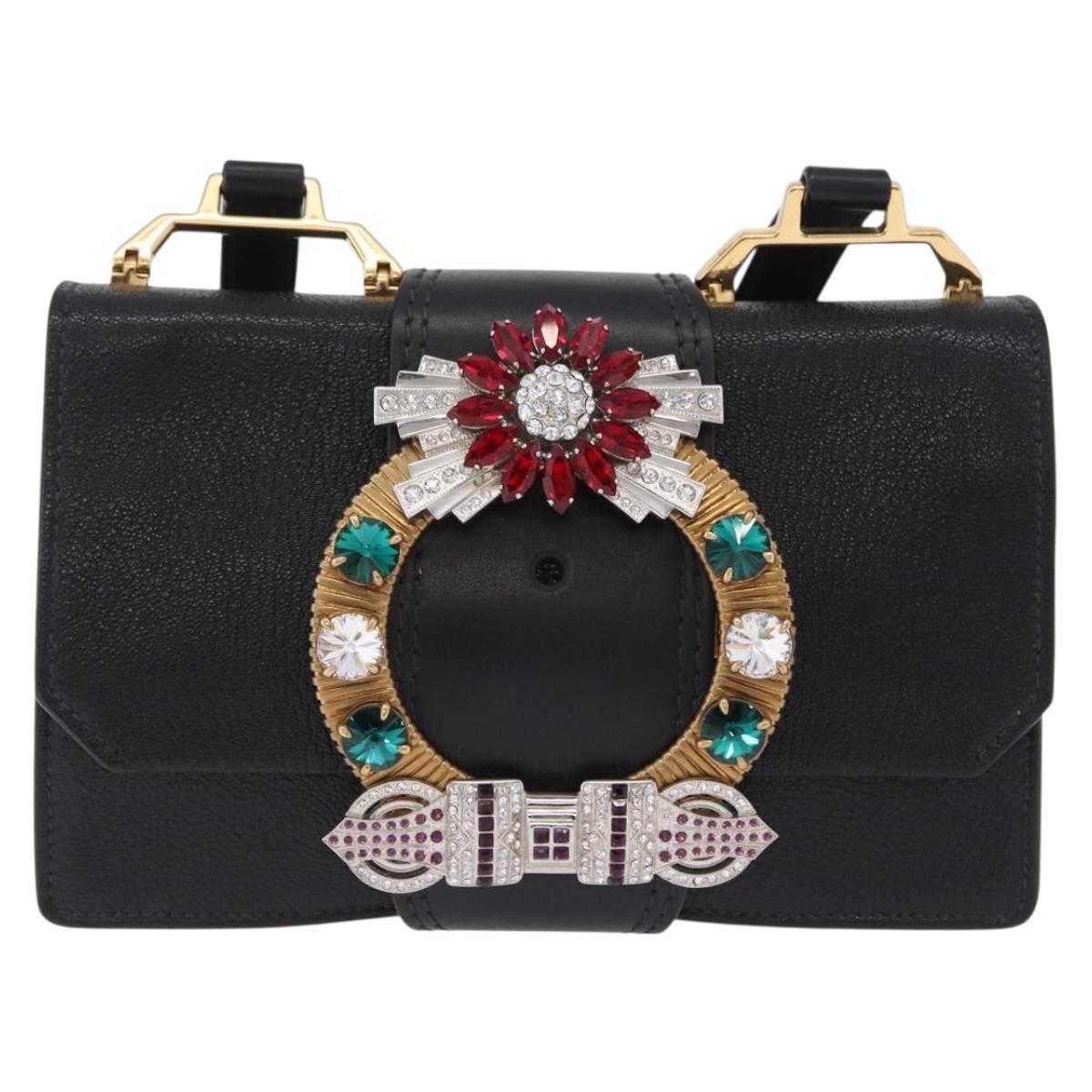 Miu Miu Shoulder Bag Leather Black Gold Tone Auth ka6173M