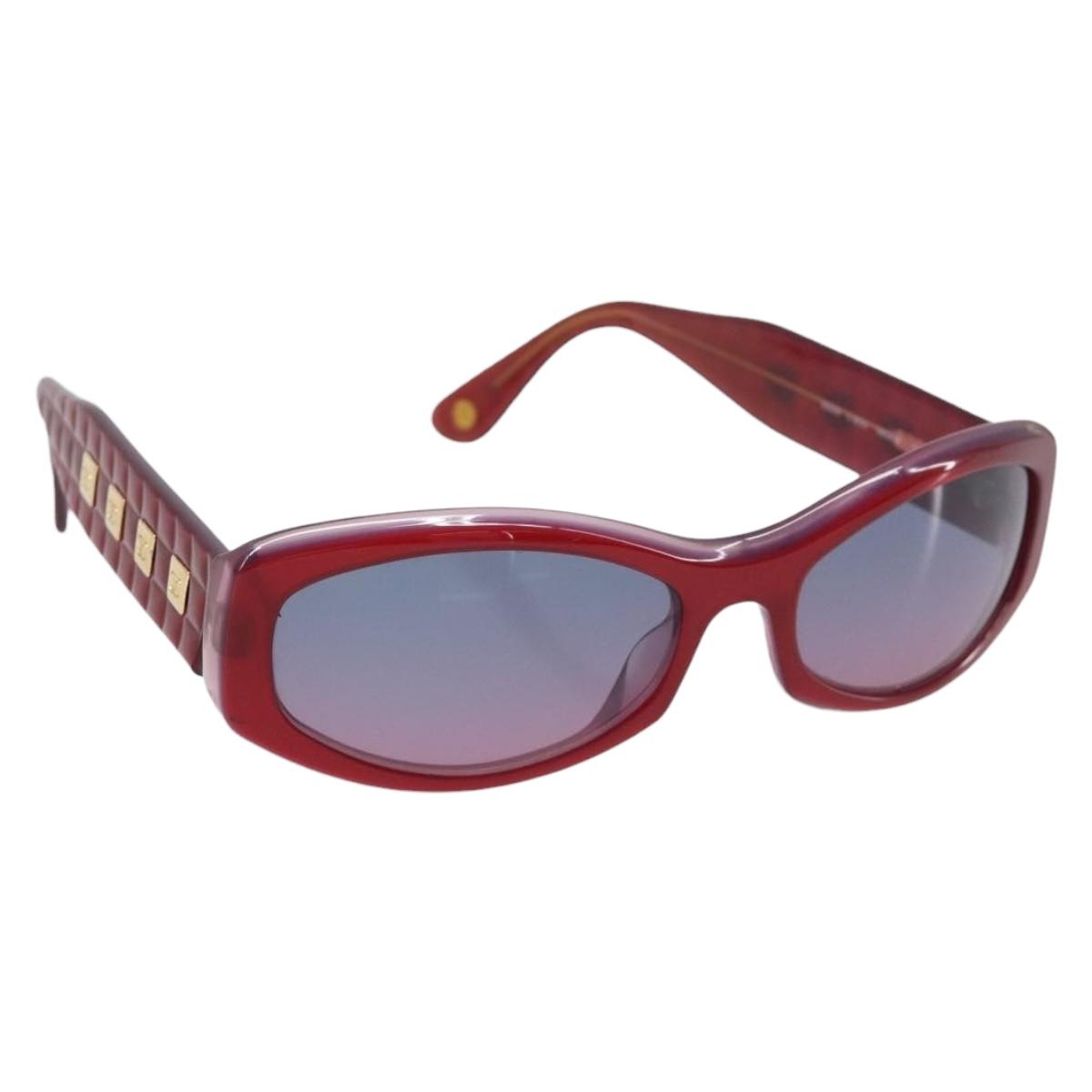 CHANEL Sunglasses Plastic Red Gold Tone CC Auth ka6179