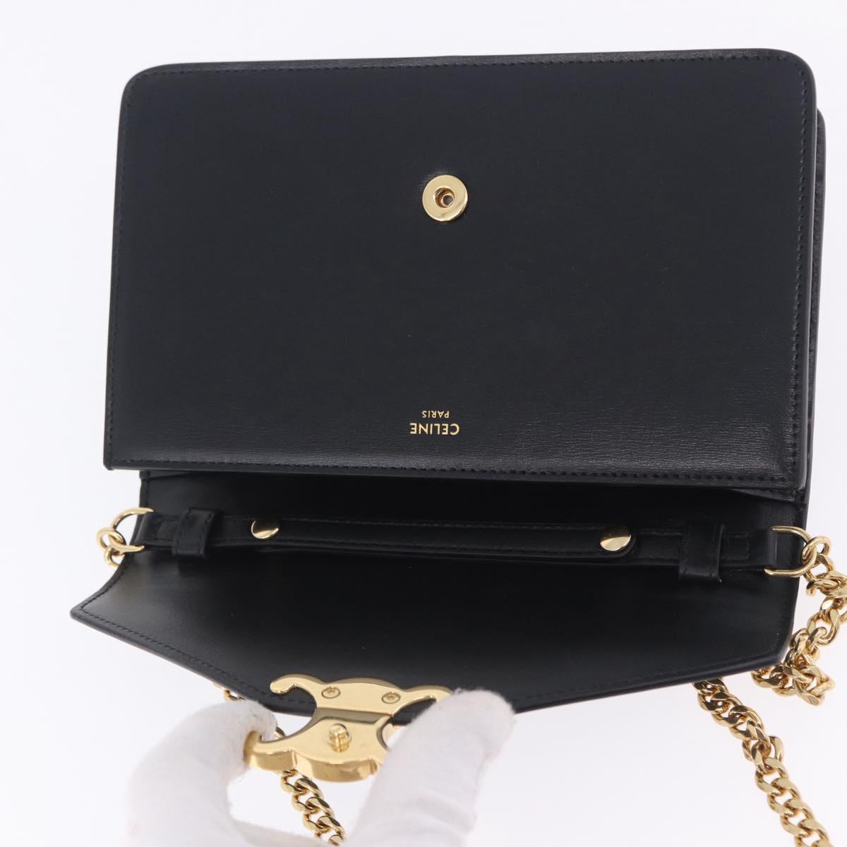 CELINE Triomphe Chain Shoulder Bag Leather Black Gold Tone Auth ka6199SAM